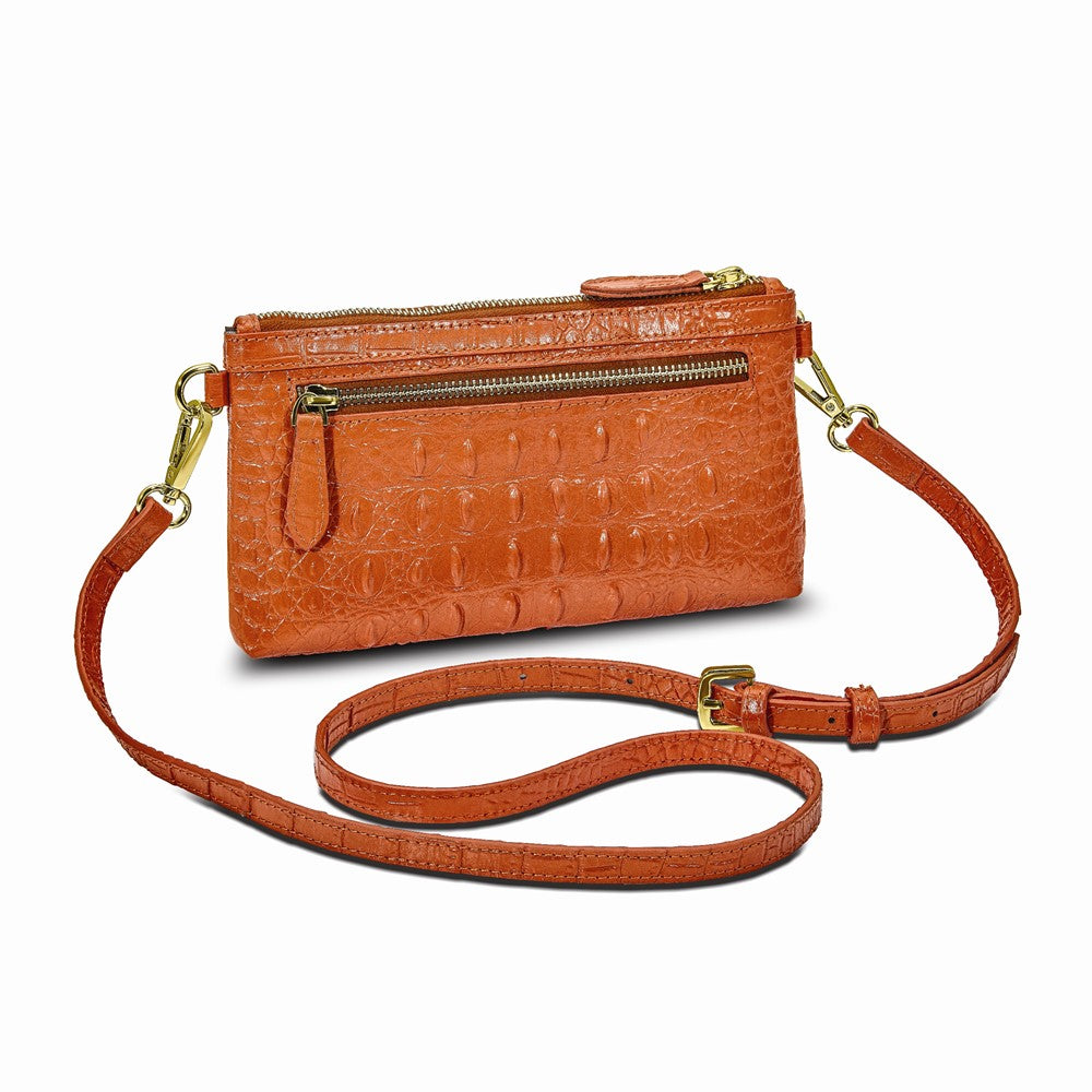 Luxury Giftware by Jere Top Grain Leather Croc Texture RFID Blocking Marigold Orange Zip-Top Clutch Purse with Detachable Wrist and Crossbody Straps