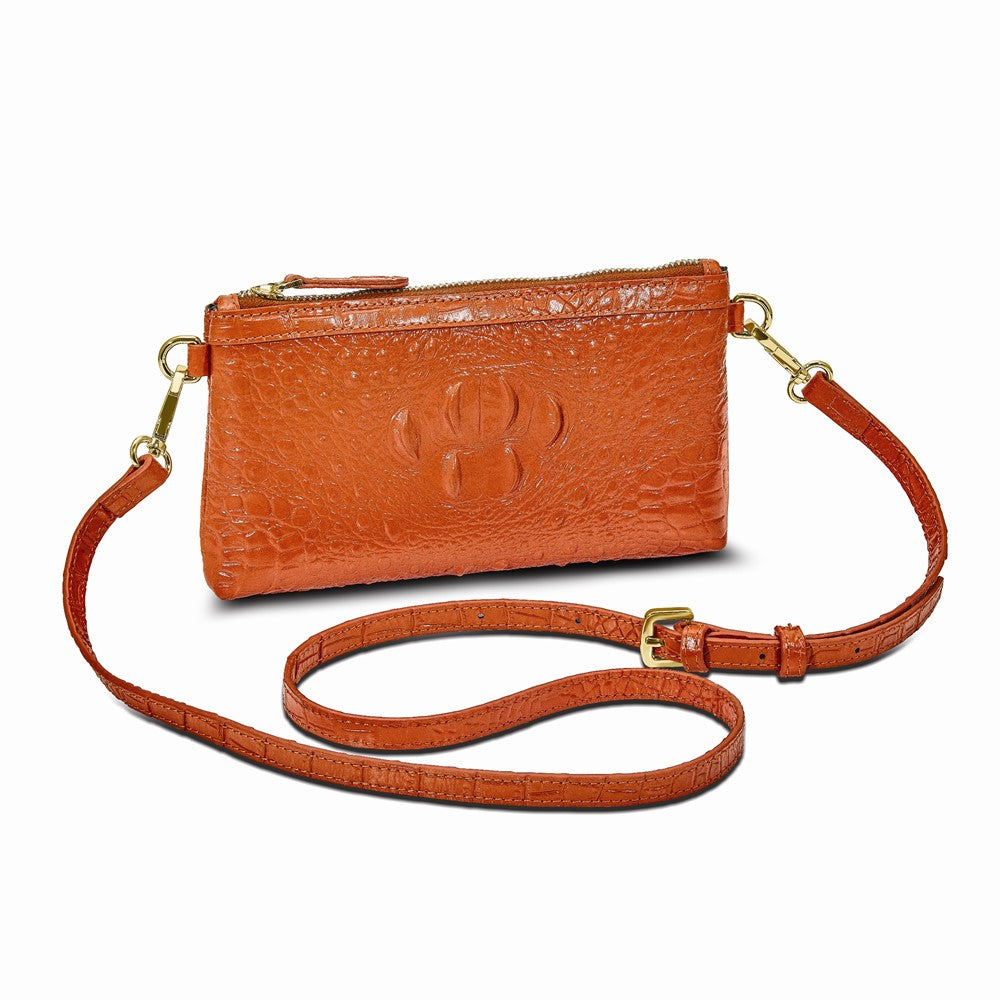 Luxury Giftware by Jere Top Grain Leather Croc Texture RFID Blocking Marigold Orange Zip-Top Clutch Purse with Detachable Wrist and Crossbody Straps