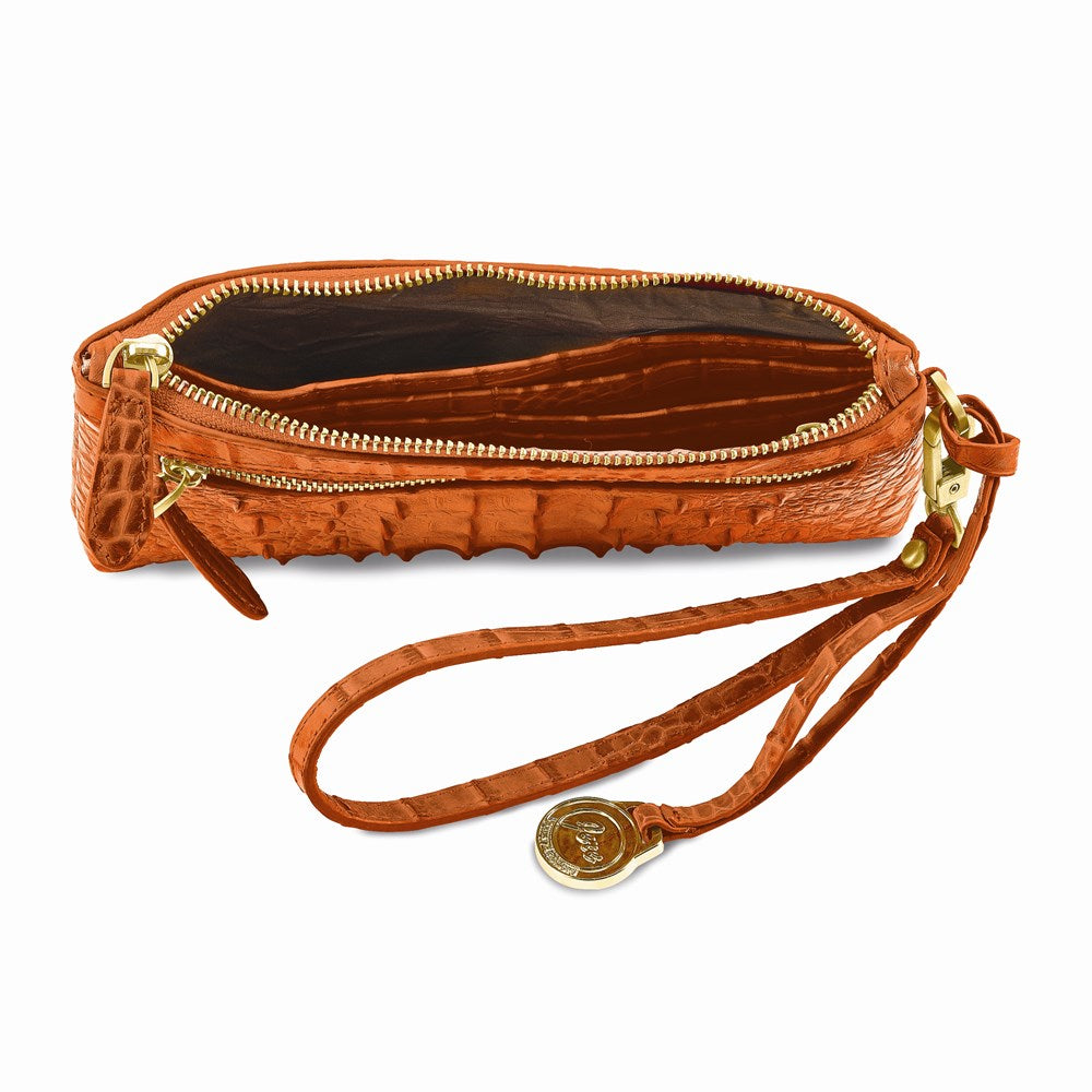 Luxury Giftware by Jere Top Grain Leather Croc Texture RFID Blocking Marigold Orange Zip-Top Clutch Purse with Detachable Wrist and Crossbody Straps