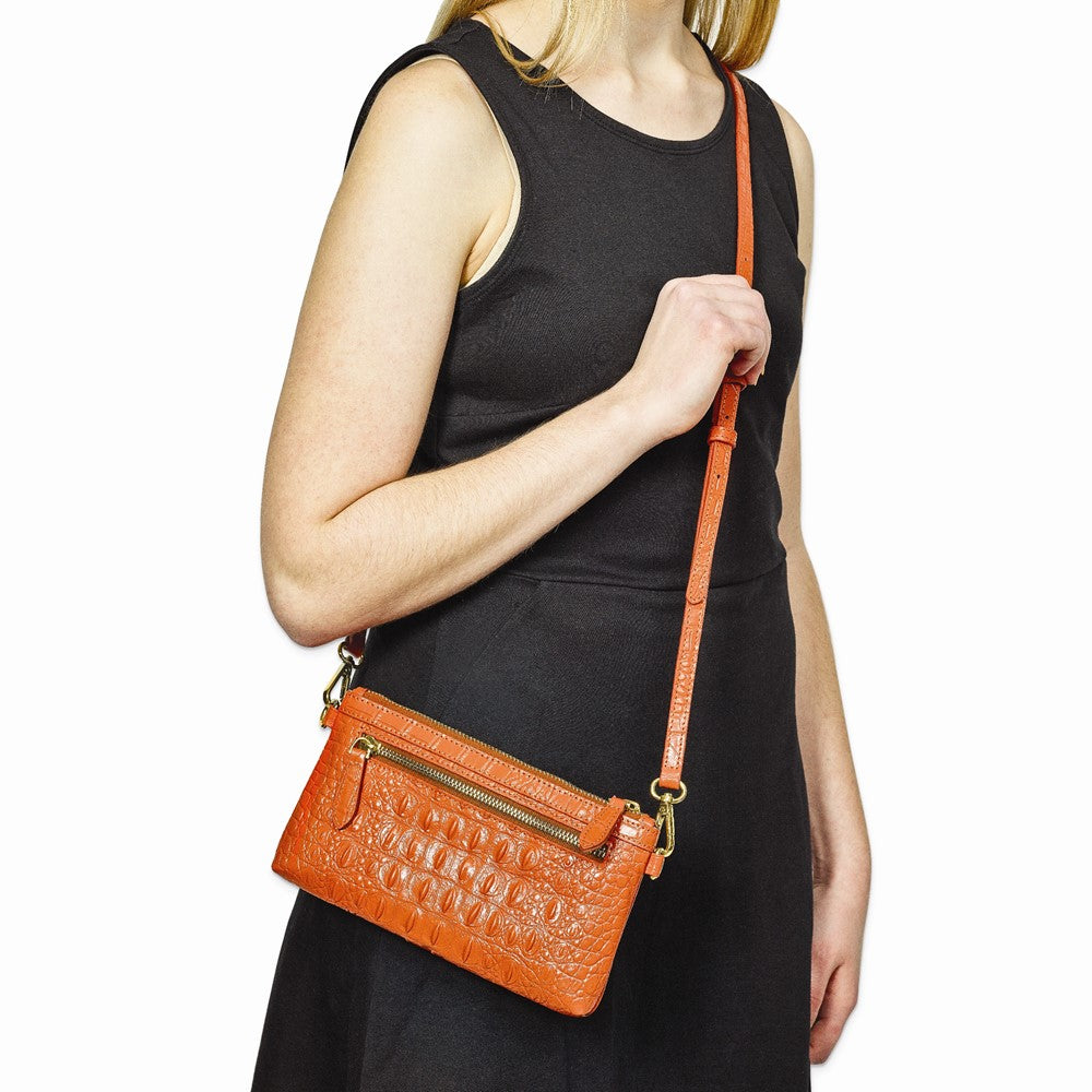 Luxury Giftware by Jere Top Grain Leather Croc Texture RFID Blocking Marigold Orange Zip-Top Clutch Purse with Detachable Wrist and Crossbody Straps