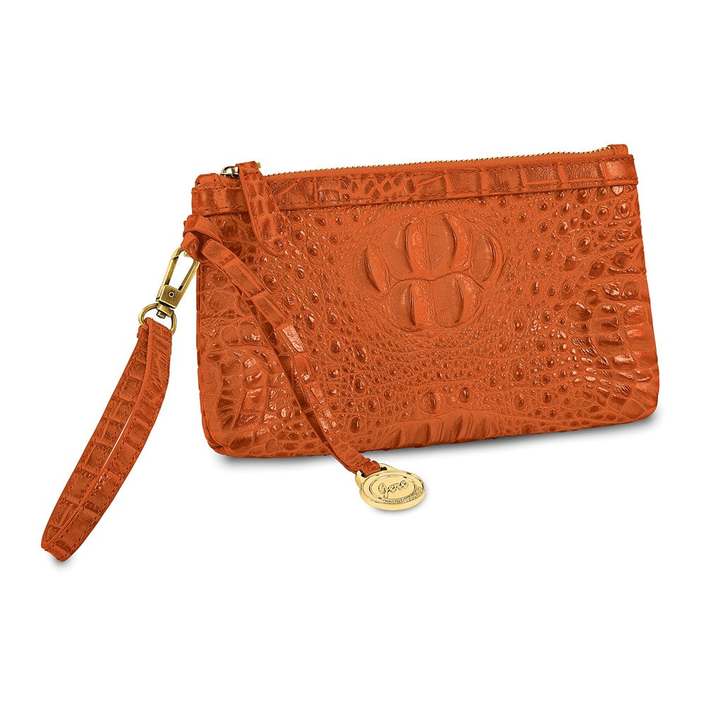 Luxury Giftware by Jere Top Grain Leather Croc Texture RFID Blocking Marigold Orange Zip-Top Clutch Purse with Detachable Wrist and Crossbody Straps