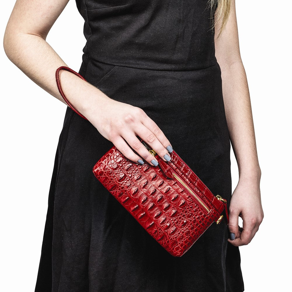 Luxury Giftware by Jere Top Grain Leather Croc Texture RFID Blocking Red Zip-Top Clutch Purse with Detachable Wrist and Crossbody Straps