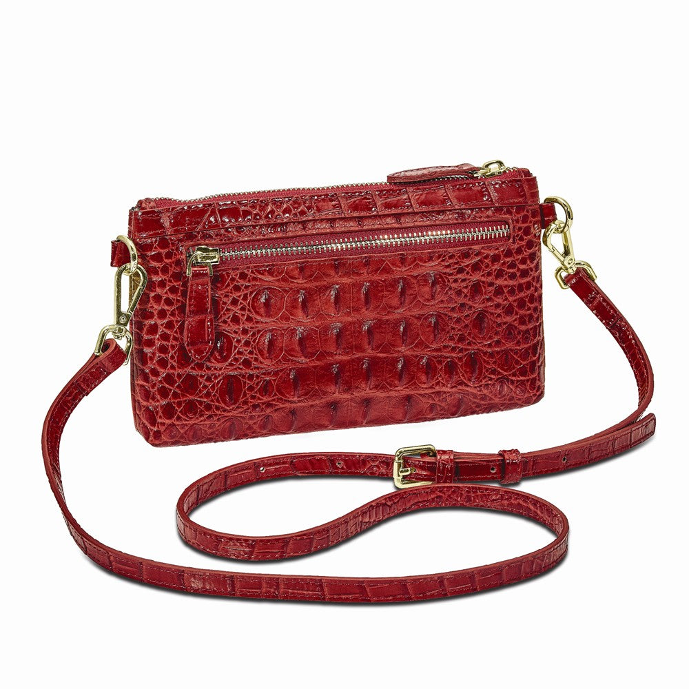 Luxury Giftware by Jere Top Grain Leather Croc Texture RFID Blocking Red Zip-Top Clutch Purse with Detachable Wrist and Crossbody Straps