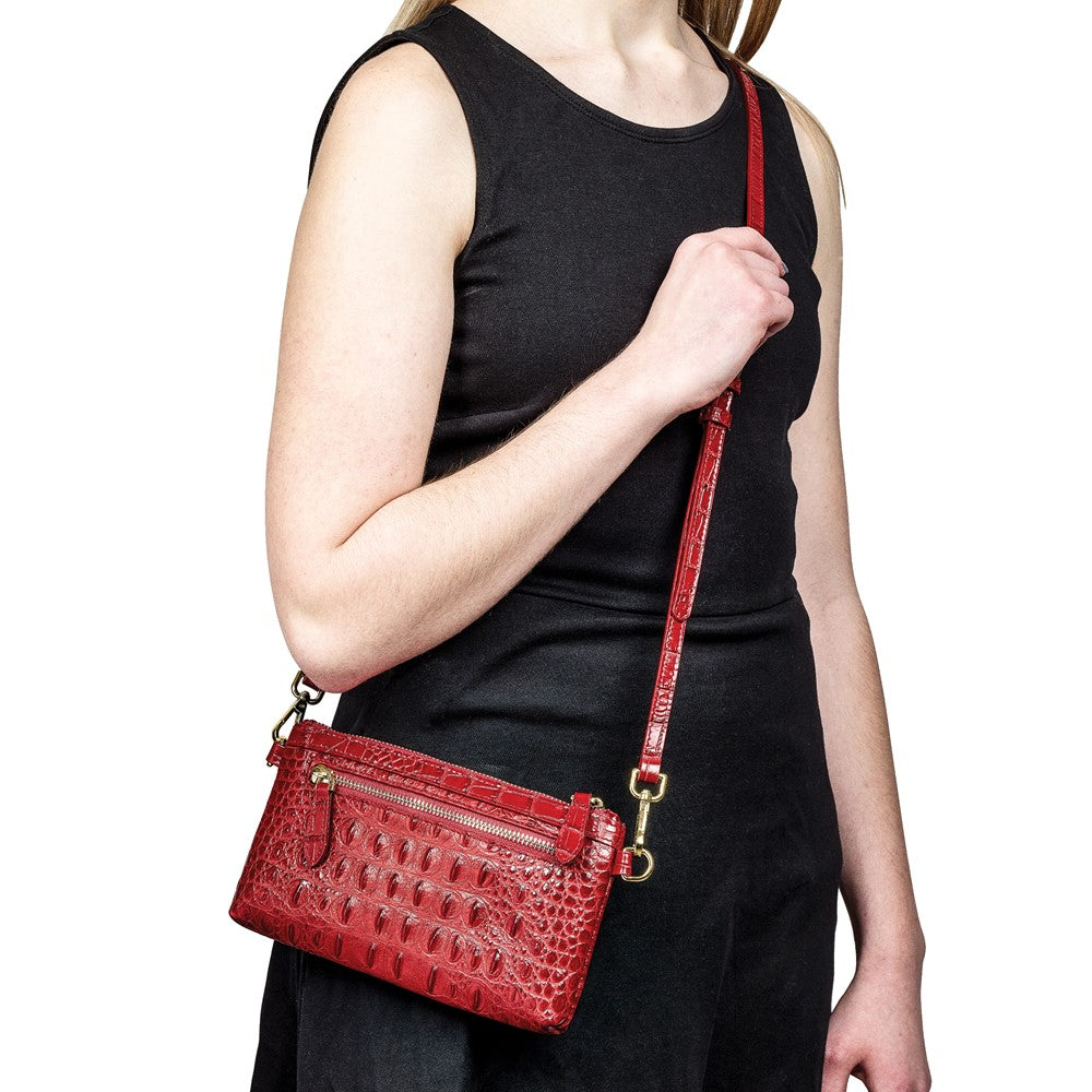 Luxury Giftware by Jere Top Grain Leather Croc Texture RFID Blocking Red Zip-Top Clutch Purse with Detachable Wrist and Crossbody Straps
