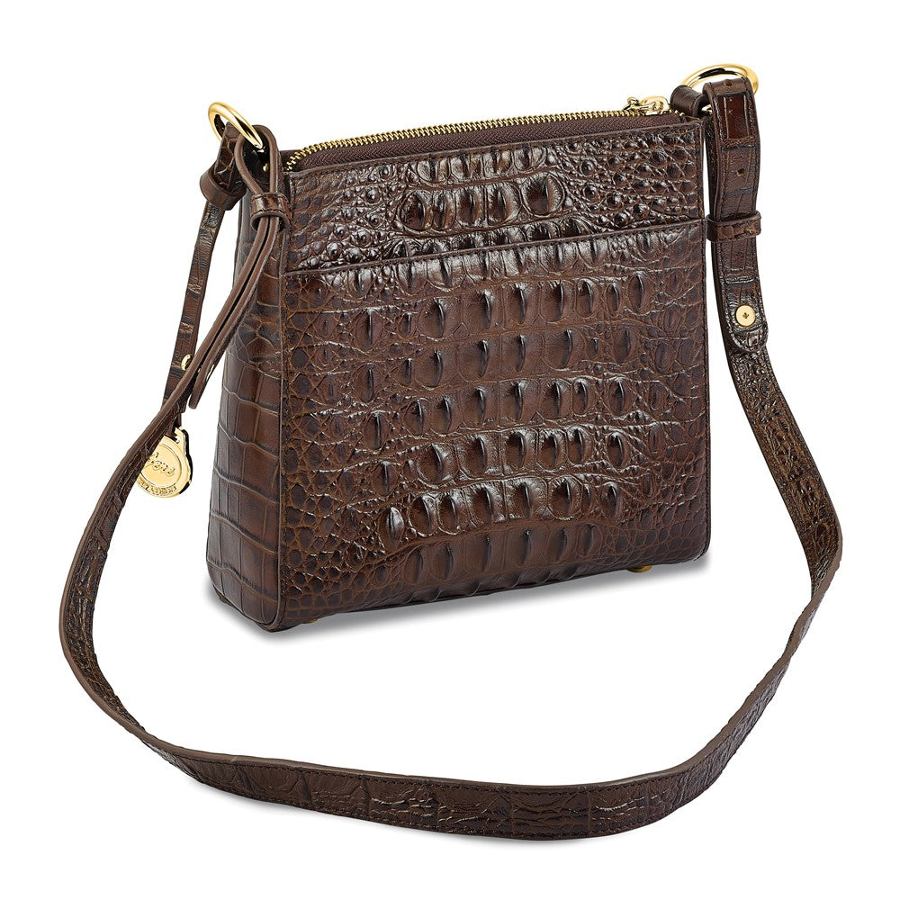 Luxury Giftware by Jere Top Grain Leather Croc Texture Dark Brown Zip-Top Crossbody Handbag with Organizer Section, 4 Card Slots, Zip Pocket, Key Fob