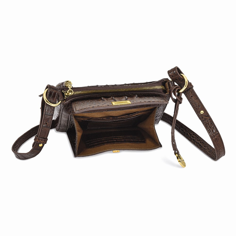 Luxury Giftware by Jere Top Grain Leather Croc Texture Dark Brown Zip-Top Crossbody Handbag with Organizer Section, 4 Card Slots, Zip Pocket, Key Fob