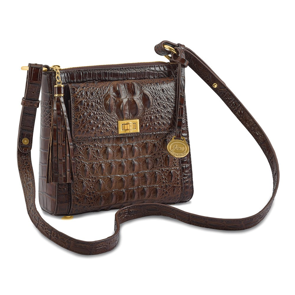Luxury Giftware by Jere Top Grain Leather Croc Texture Dark Brown Zip-Top Crossbody Handbag with Organizer Section, 4 Card Slots, Zip Pocket, Key Fob