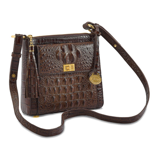 Luxury Giftware by Jere Top Grain Leather Croc Texture Dark Brown Zip-Top Crossbody Handbag with Organizer Section, 4 Card Slots, Zip Pocket, Key Fob