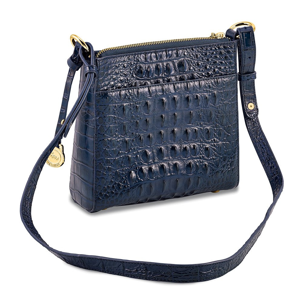 Top Grain Leather Croc Texture Navy Zip-Top Crossbody Handbag with Organizer Section, 4 Card Slots, Zip Pocket, Key Fob