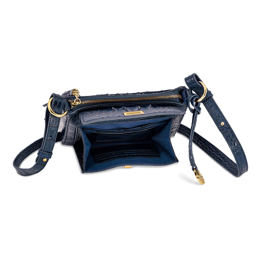 Top Grain Leather Croc Texture Navy Zip-Top Crossbody Handbag with Organizer Section, 4 Card Slots, Zip Pocket, Key Fob
