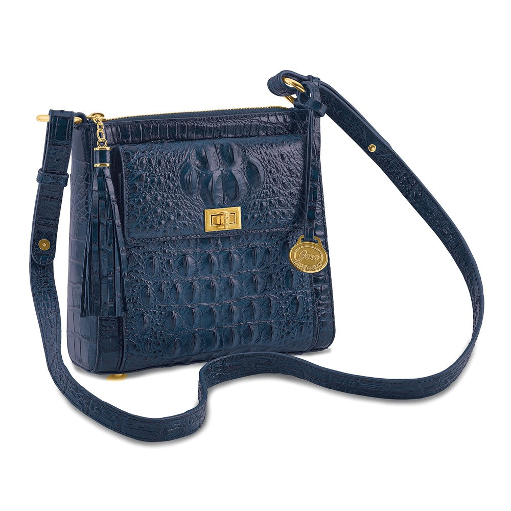Top Grain Leather Croc Texture Navy Zip-Top Crossbody Handbag with Organizer Section, 4 Card Slots, Zip Pocket, Key Fob