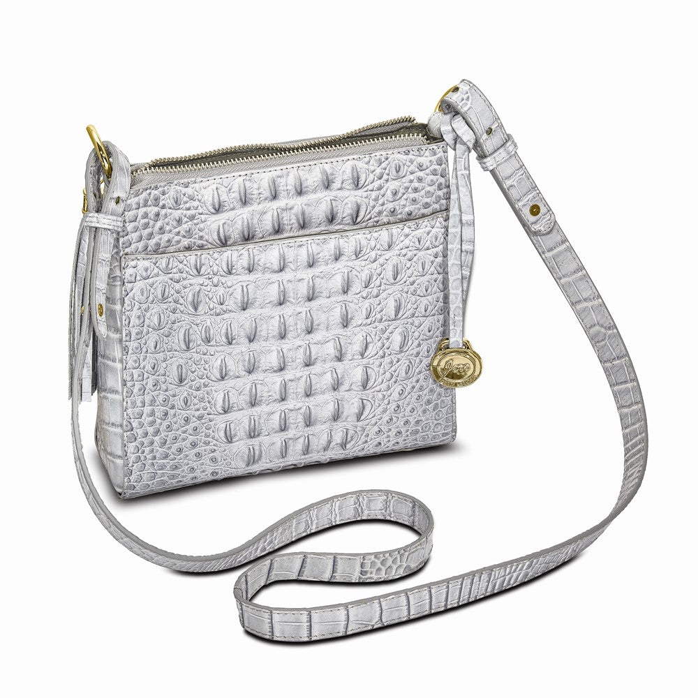 Top Grain Leather Croc Texture Silver-Grey Zip-Top Crossbody Handbag with Organizer Section, 4 Card Slots, Zip Pocket, Key Fob