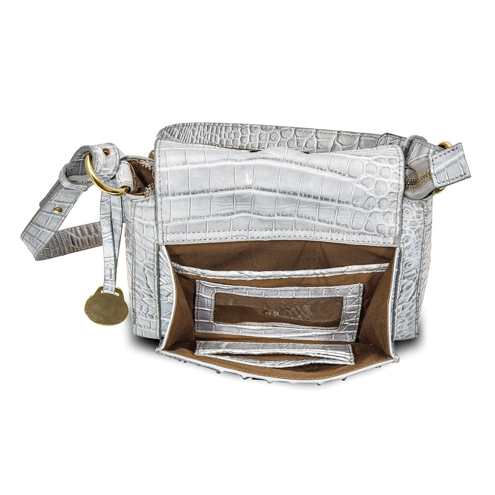 Top Grain Leather Croc Texture Silver-Grey Zip-Top Crossbody Handbag with Organizer Section, 4 Card Slots, Zip Pocket, Key Fob