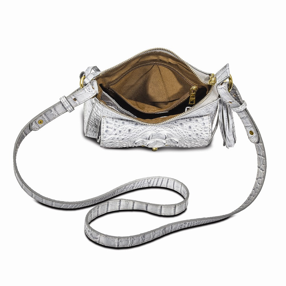 Top Grain Leather Croc Texture Silver-Grey Zip-Top Crossbody Handbag with Organizer Section, 4 Card Slots, Zip Pocket, Key Fob