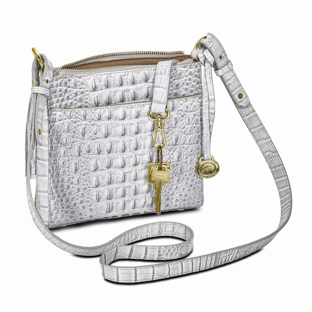 Top Grain Leather Croc Texture Silver-Grey Zip-Top Crossbody Handbag with Organizer Section, 4 Card Slots, Zip Pocket, Key Fob