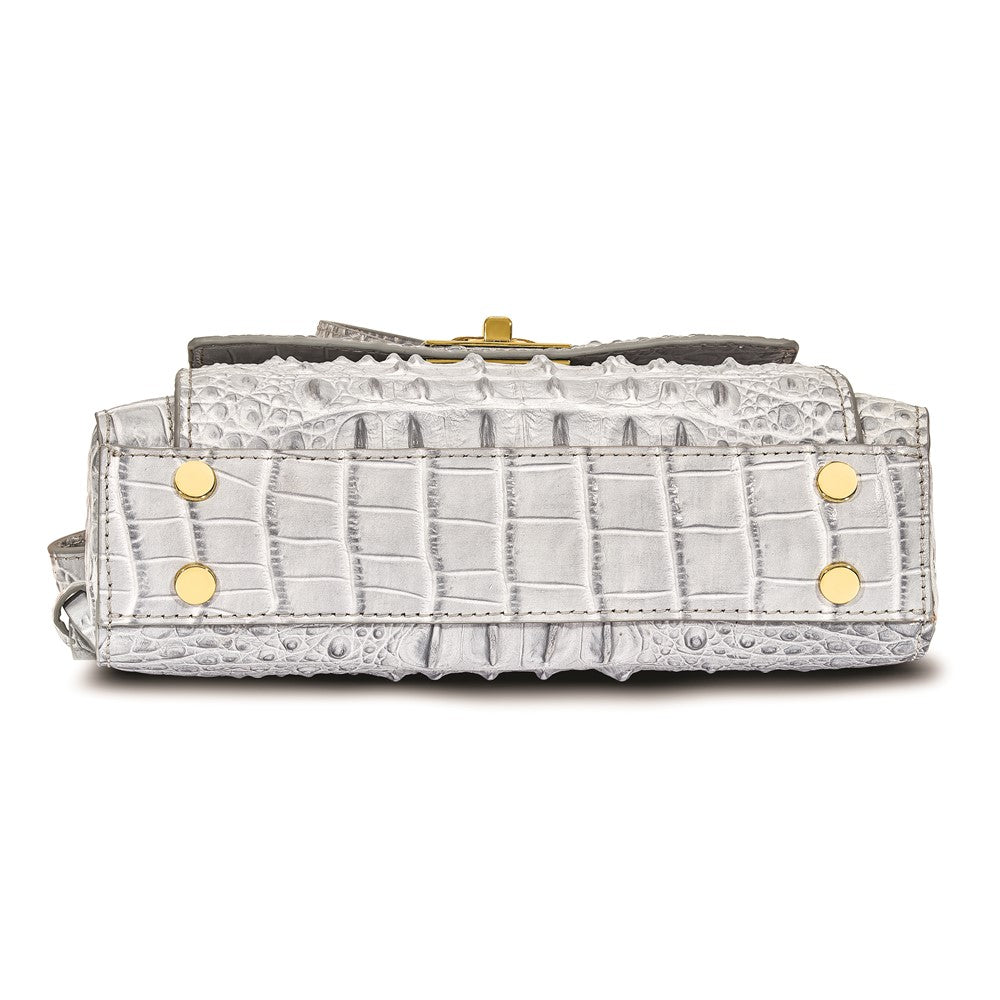 Top Grain Leather Croc Texture Silver-Grey Zip-Top Crossbody Handbag with Organizer Section, 4 Card Slots, Zip Pocket, Key Fob