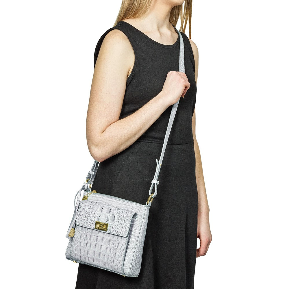 Top Grain Leather Croc Texture Silver-Grey Zip-Top Crossbody Handbag with Organizer Section, 4 Card Slots, Zip Pocket, Key Fob