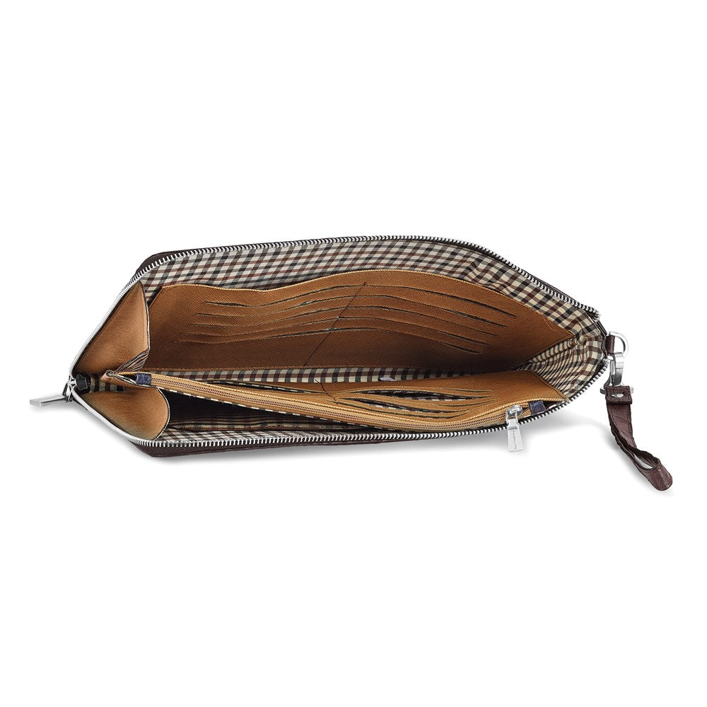 Luxury Giftware by Jere Top Grain Leather Croc Texture Dark Brown Zippered Portfolio with 20 Card Slots, Divider and Detachable Wrist Strap