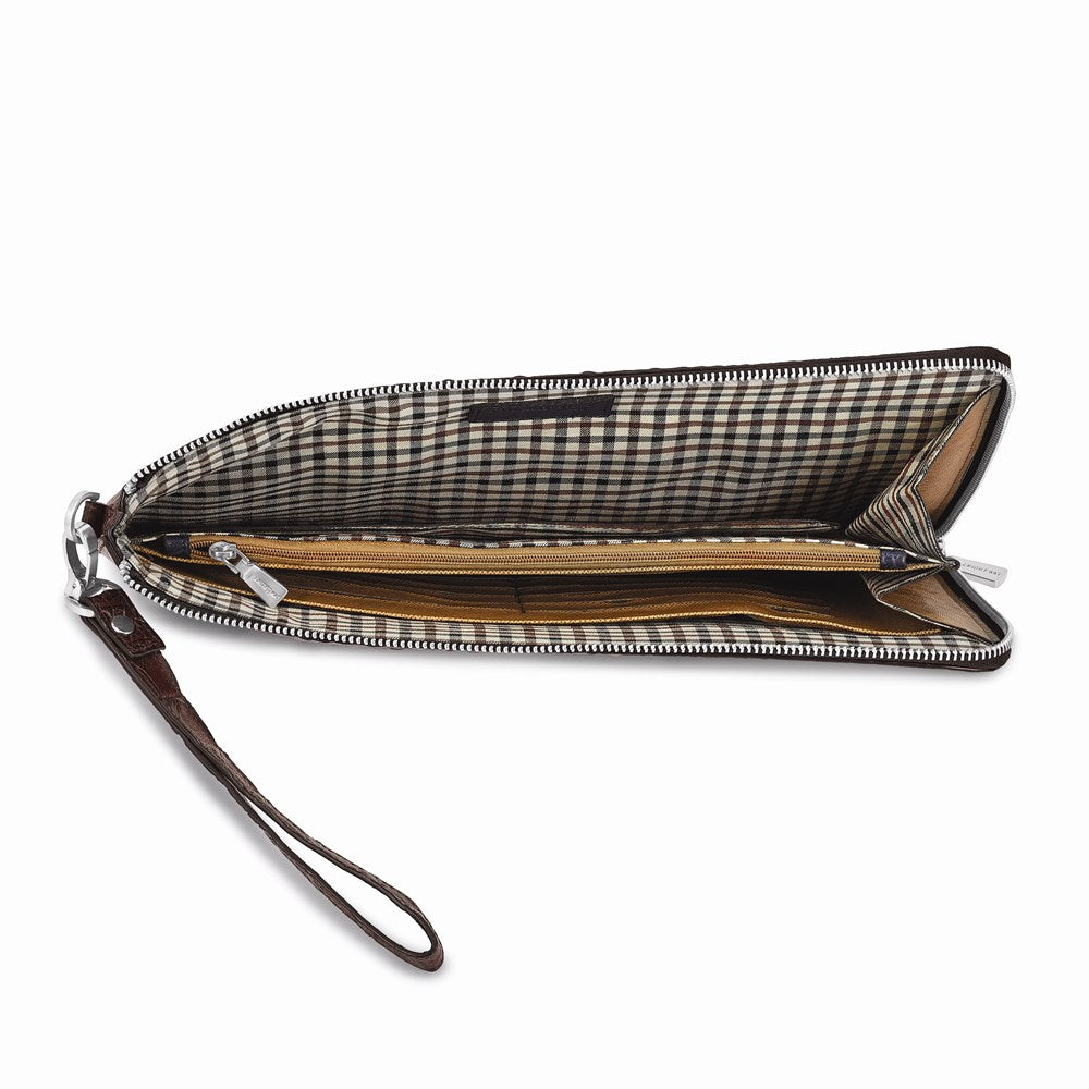 Luxury Giftware by Jere Top Grain Leather Croc Texture Dark Brown Zippered Portfolio with 20 Card Slots, Divider and Detachable Wrist Strap