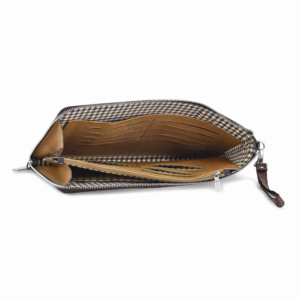Luxury Giftware by Jere Top Grain Leather Croc Texture Dark Brown Zippered Portfolio with 20 Card Slots, Divider and Detachable Wrist Strap
