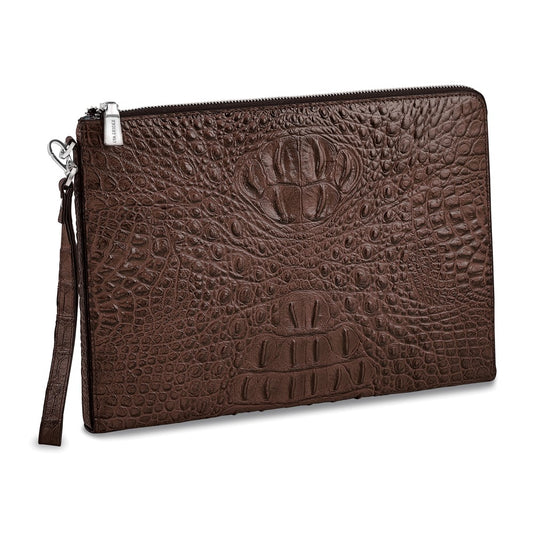 Luxury Giftware by Jere Top Grain Leather Croc Texture Dark Brown Zippered Portfolio with 20 Card Slots, Divider and Detachable Wrist Strap