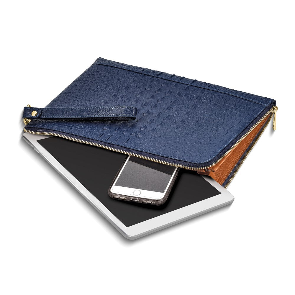 Luxury Giftware by Jere Top Grain Leather Croc Texture Navy Zippered Portfolio with 20 Card Slots, Divider, and Detachable Wrist Strap