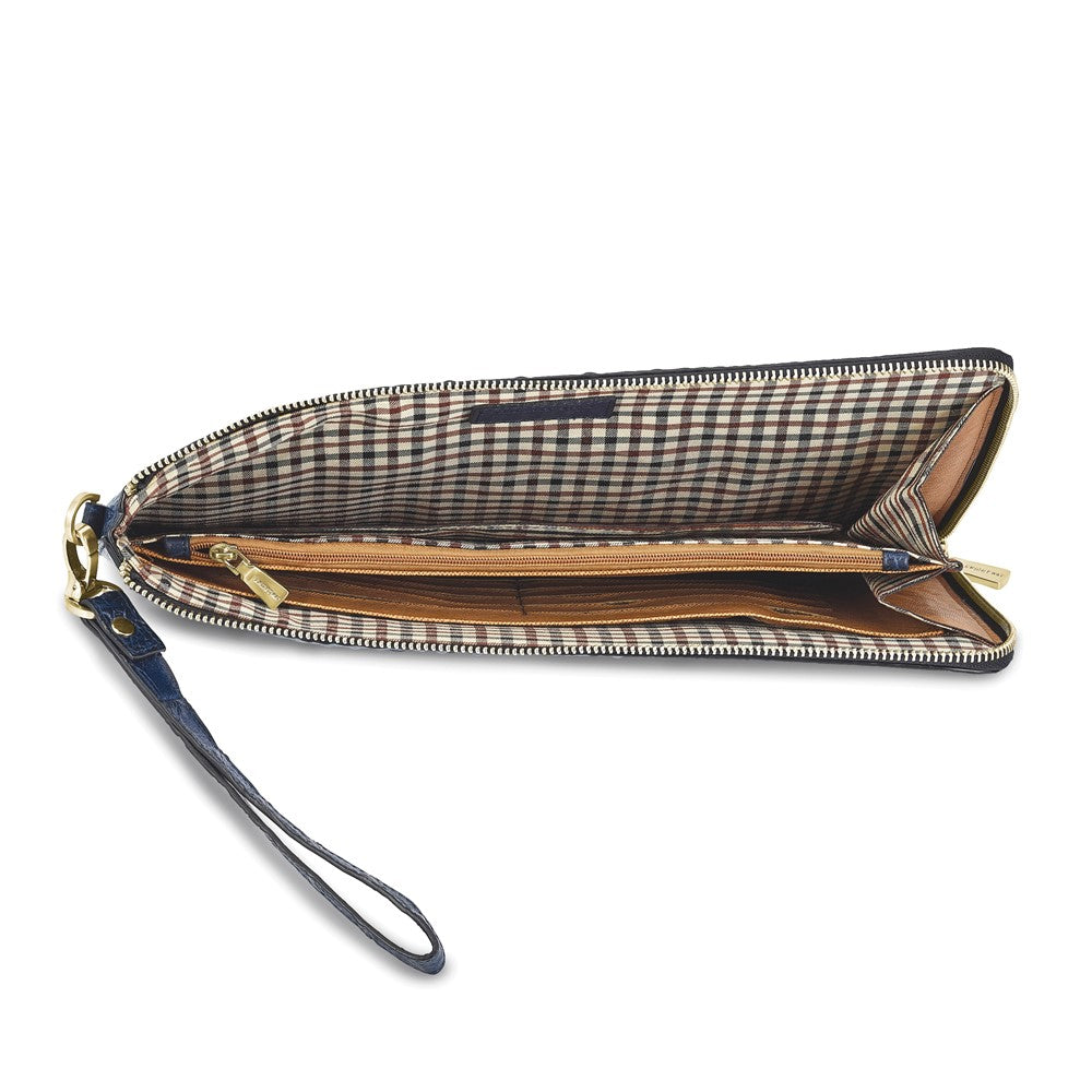 Luxury Giftware by Jere Top Grain Leather Croc Texture Navy Zippered Portfolio with 20 Card Slots, Divider, and Detachable Wrist Strap