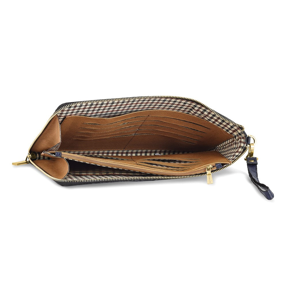 Luxury Giftware by Jere Top Grain Leather Croc Texture Navy Zippered Portfolio with 20 Card Slots, Divider, and Detachable Wrist Strap