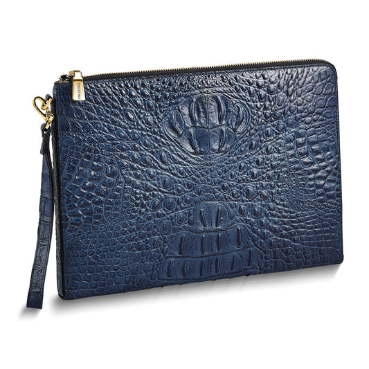 Luxury Giftware by Jere Top Grain Leather Croc Texture Navy Zippered Portfolio with 20 Card Slots, Divider, and Detachable Wrist Strap