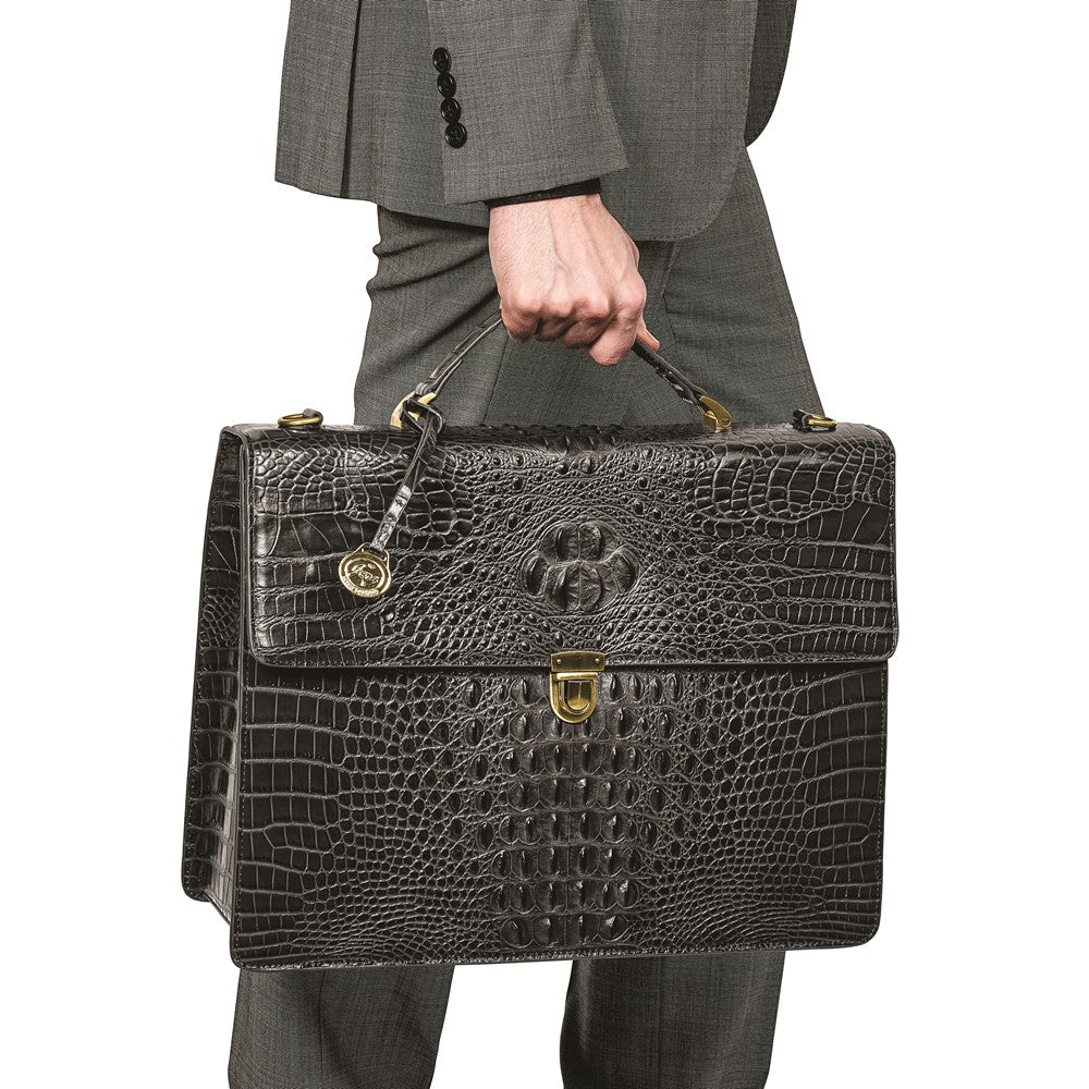 Luxury Giftware by Jere Top Grain Leather Croc Texture Black Briefcase/Messenger Bag with Zip Pocket, Pen Pockets, Key Fob, and Detachable Shoulder Strap