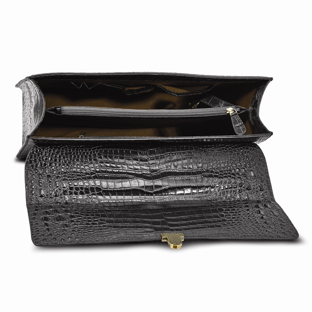 Luxury Giftware by Jere Top Grain Leather Croc Texture Black Briefcase/Messenger Bag with Zip Pocket, Pen Pockets, Key Fob, and Detachable Shoulder Strap