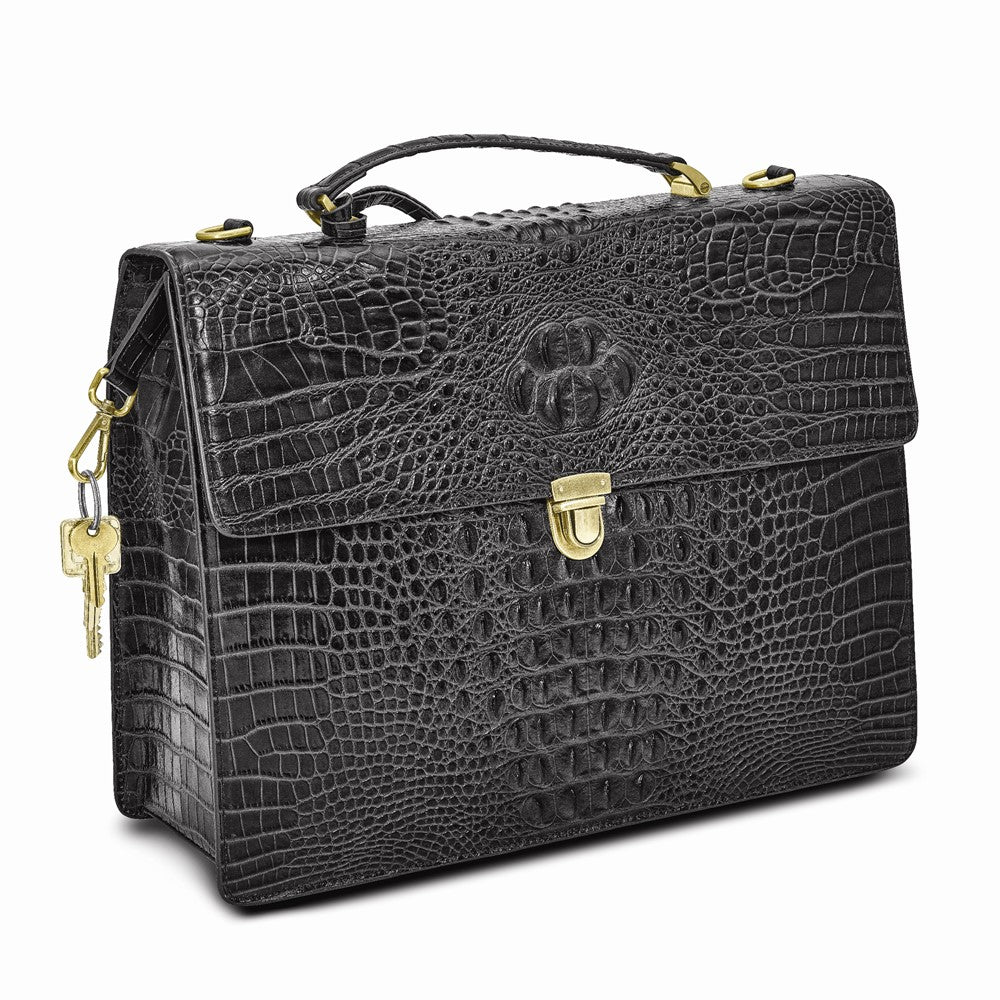 Luxury Giftware by Jere Top Grain Leather Croc Texture Black Briefcase/Messenger Bag with Zip Pocket, Pen Pockets, Key Fob, and Detachable Shoulder Strap