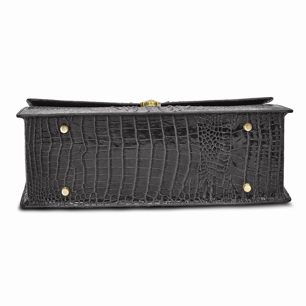 Luxury Giftware by Jere Top Grain Leather Croc Texture Black Briefcase/Messenger Bag with Zip Pocket, Pen Pockets, Key Fob, and Detachable Shoulder Strap