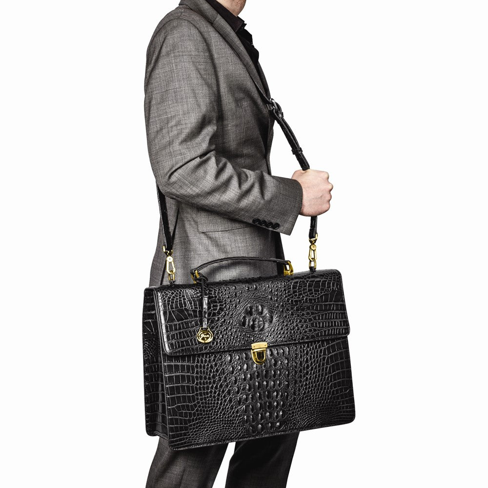 Luxury Giftware by Jere Top Grain Leather Croc Texture Black Briefcase/Messenger Bag with Zip Pocket, Pen Pockets, Key Fob, and Detachable Shoulder Strap