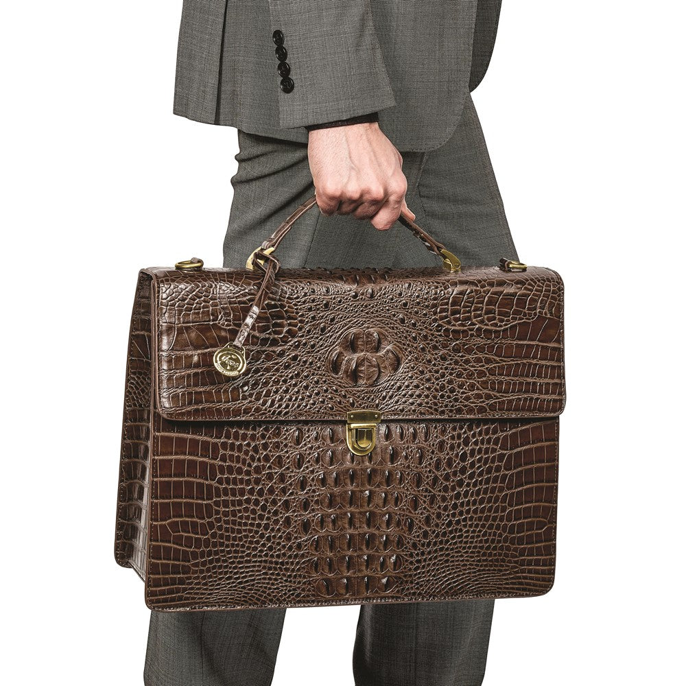Luxury Giftware by Jere Top Grain Leather Croc Texture Brown Briefcase/Messenger Bag with Zip Pocket, Pen Pockets, Key Fob, and Detachable Shoulder Strap