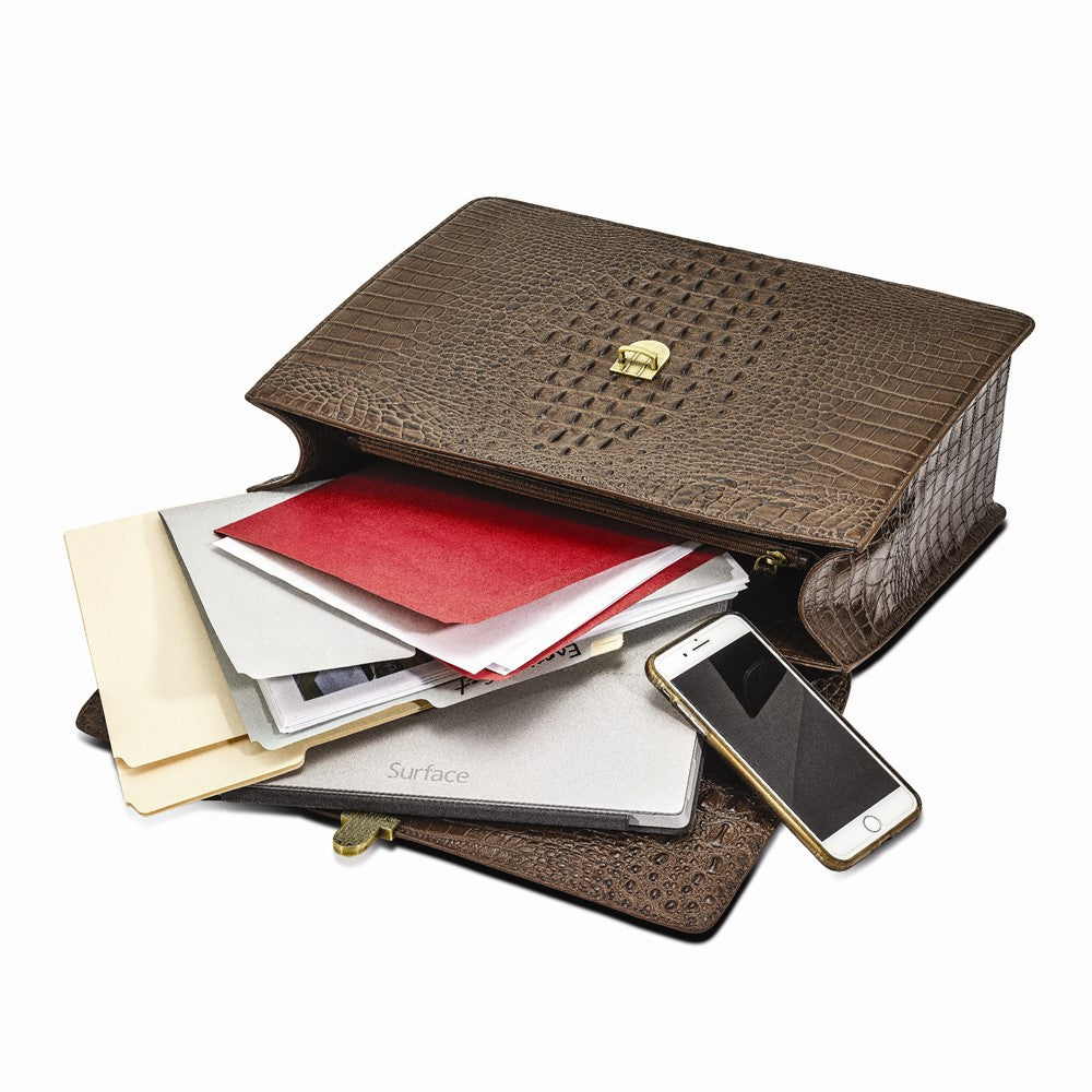 Luxury Giftware by Jere Top Grain Leather Croc Texture Brown Briefcase/Messenger Bag with Zip Pocket, Pen Pockets, Key Fob, and Detachable Shoulder Strap