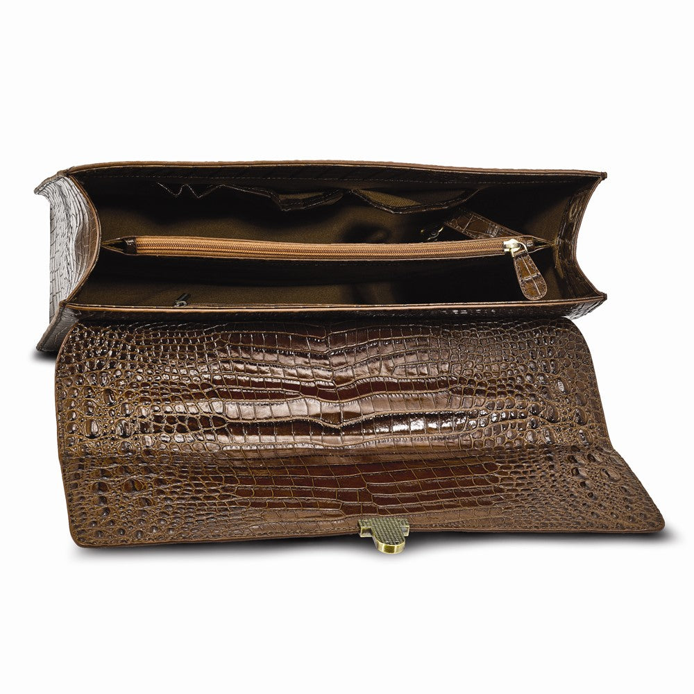 Luxury Giftware by Jere Top Grain Leather Croc Texture Brown Briefcase/Messenger Bag with Zip Pocket, Pen Pockets, Key Fob, and Detachable Shoulder Strap