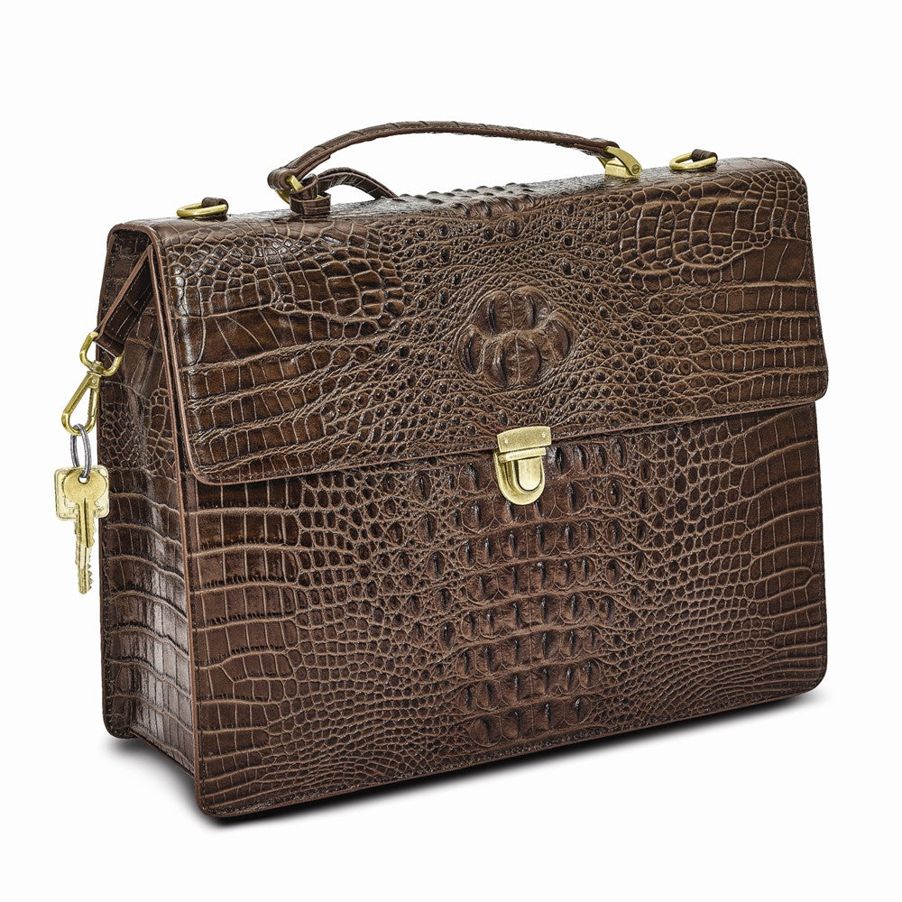 Luxury Giftware by Jere Top Grain Leather Croc Texture Brown Briefcase/Messenger Bag with Zip Pocket, Pen Pockets, Key Fob, and Detachable Shoulder Strap