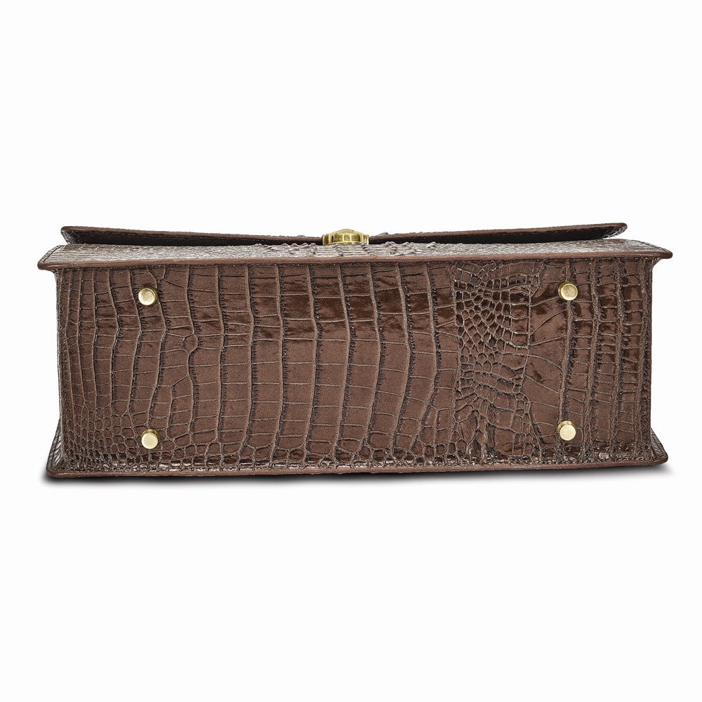 Luxury Giftware by Jere Top Grain Leather Croc Texture Brown Briefcase/Messenger Bag with Zip Pocket, Pen Pockets, Key Fob, and Detachable Shoulder Strap