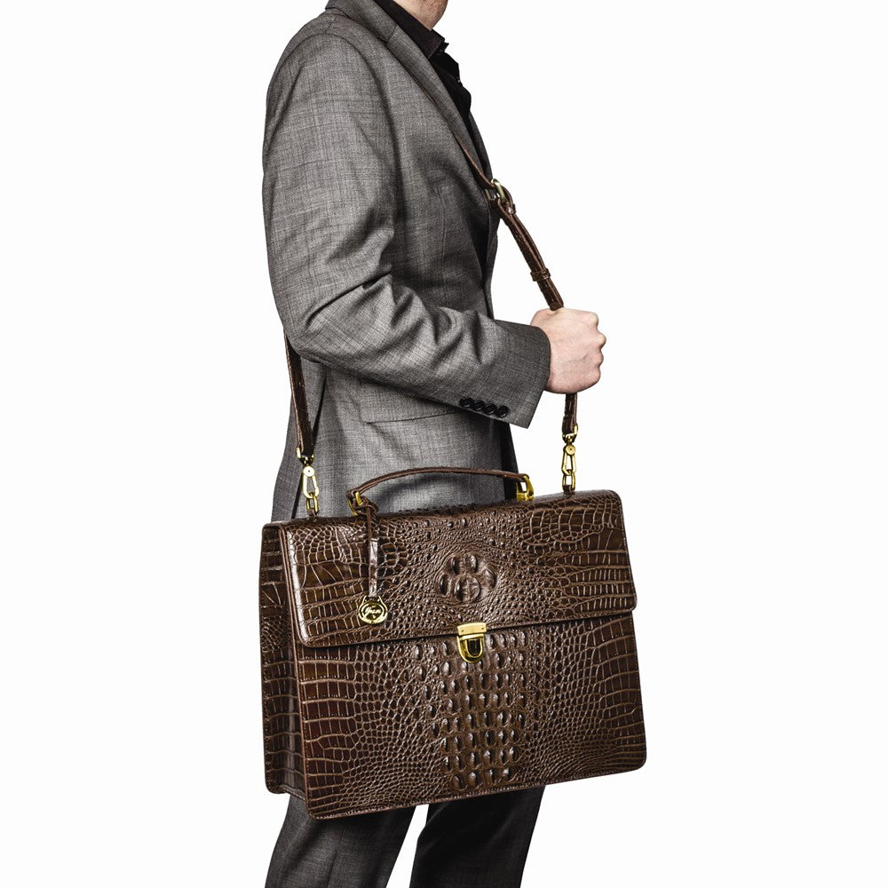 Luxury Giftware by Jere Top Grain Leather Croc Texture Brown Briefcase/Messenger Bag with Zip Pocket, Pen Pockets, Key Fob, and Detachable Shoulder Strap