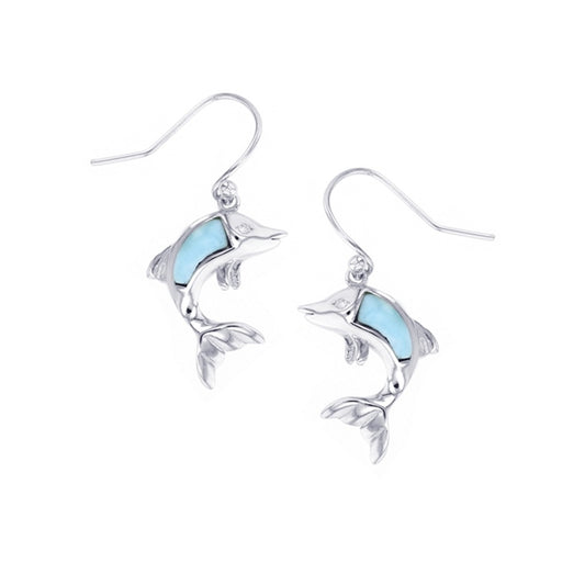 925 Sterling  Silver Larimar Dolphin Earrings French Wire 4.8 gm
