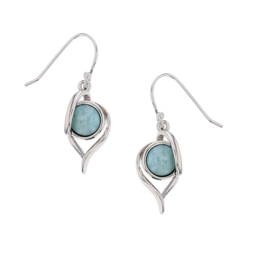 925 Sterling  Silver Round Larimar Open Drop Shape Earrings French Wire 4.3 gm