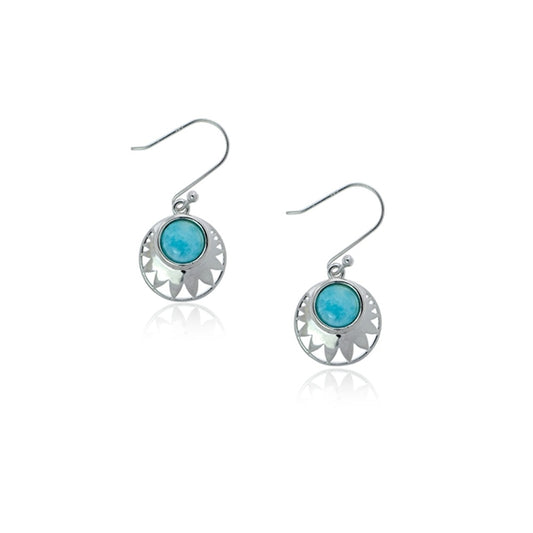 925 Sterling  Silver Round Larimar Flower Shape Earrings French Wire 4.6 gm