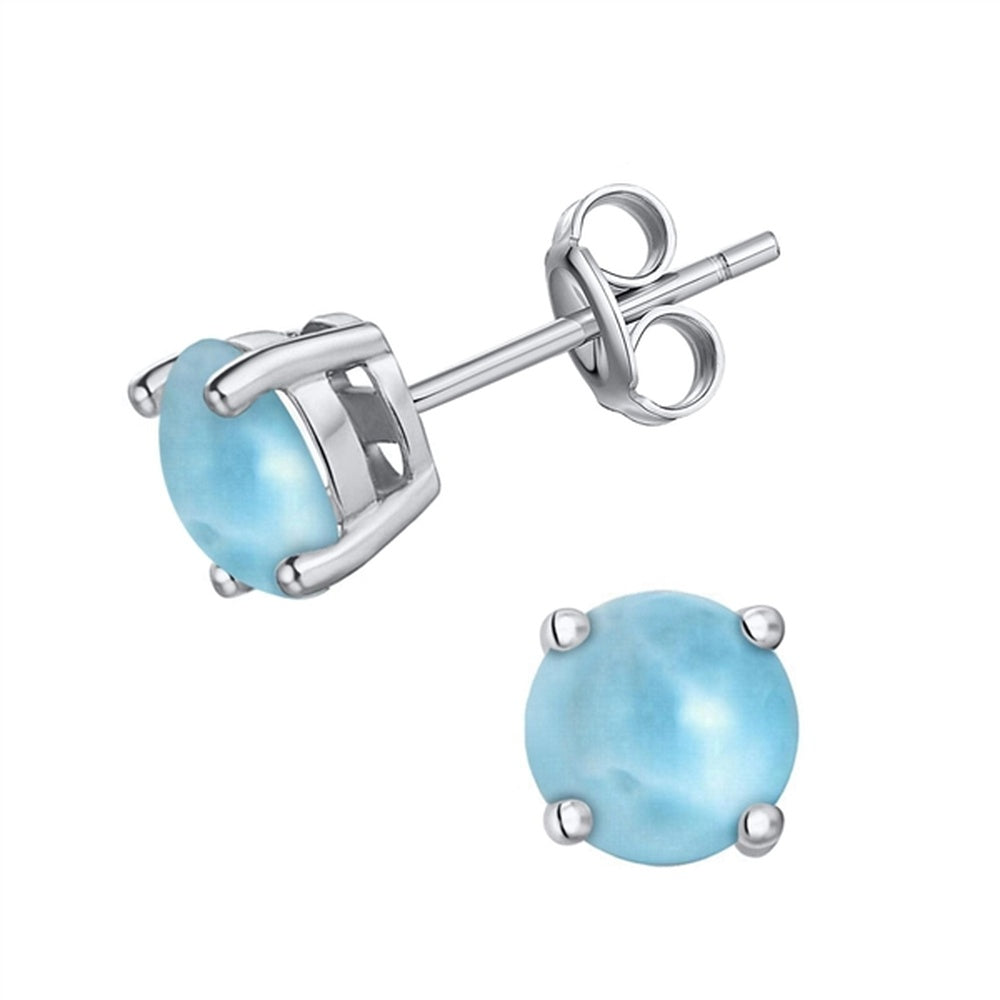 925 Sterling  Silver Larimar Round 7mm Stud Earrings Post Back Closure 1.53 gm