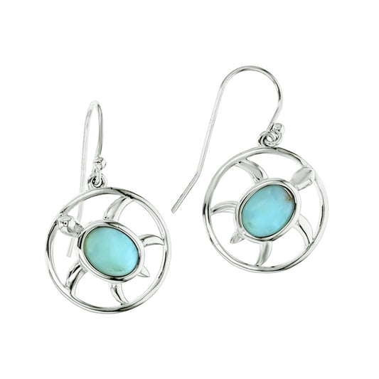 925 Sterling  Silver Larimar Turtle in Open Circle Earrings French Wire 4.1 gm