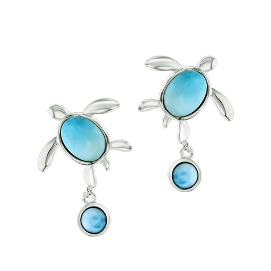 925 Sterling  Silver Larimar Turtle w Round Dangling Earrings Post Back