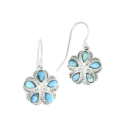 925 Sterling  Silver Larimar Sand Dollar Floral Earrings French Wire 6.54 gm