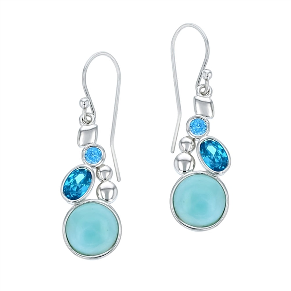 Larimar Rhombus Shape w Marquise Dark Aqua Bezel CZ Drop Earrings French Wire