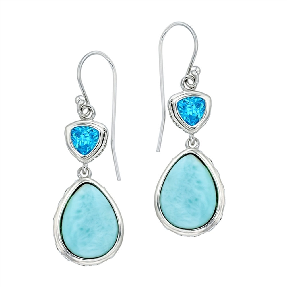925 Sterling  Silver Larimar Round & Oval Shape Drop Earrings French Wire 4.8 gm