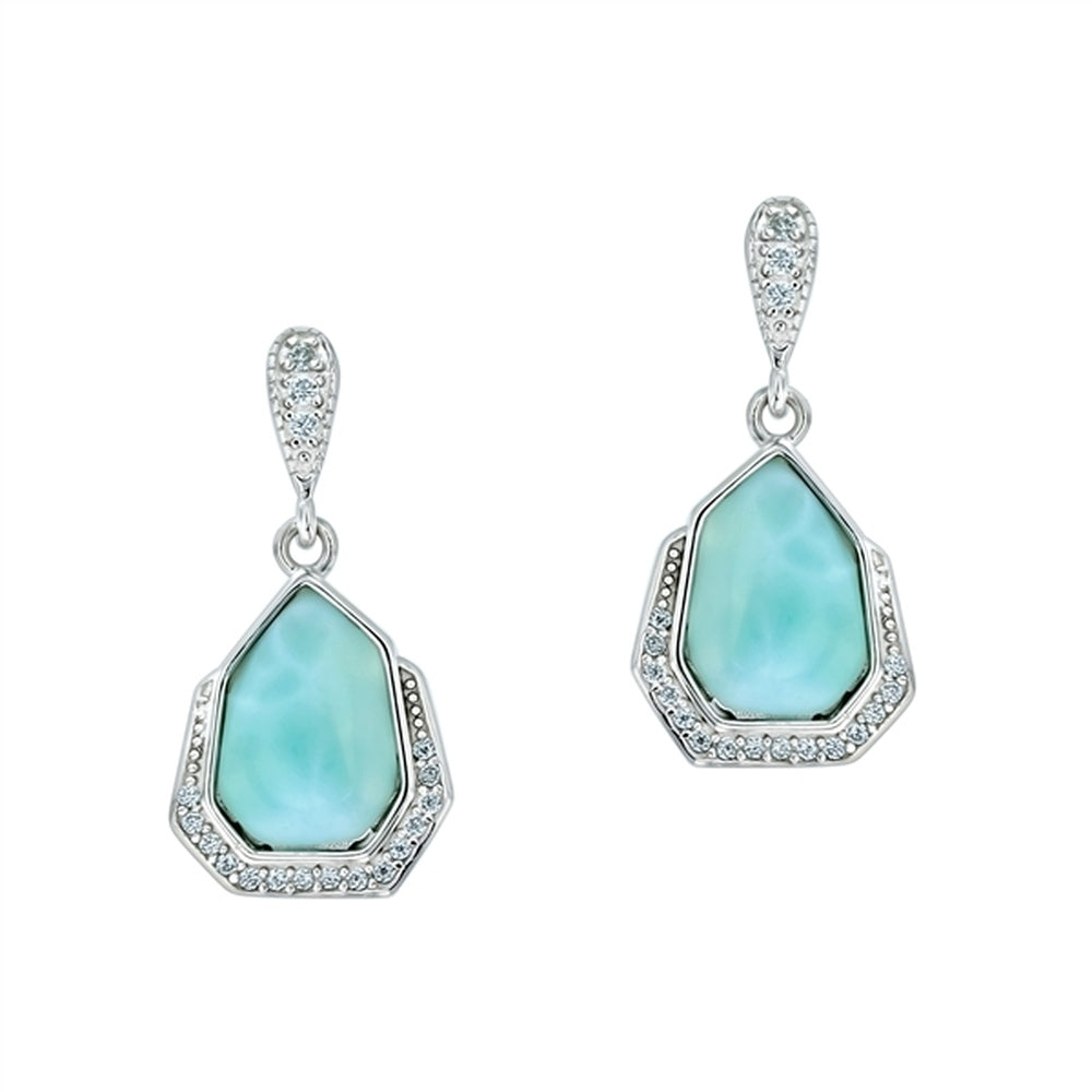 925 Sterling  Silver Larimar Teardrop w Aqua CZ Trillion Wire Drop Earrings